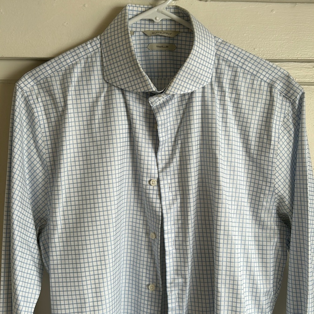 SuitSupply Traveler Baby Blue and White Check Dress Shirt 16 Extra Slim Fit